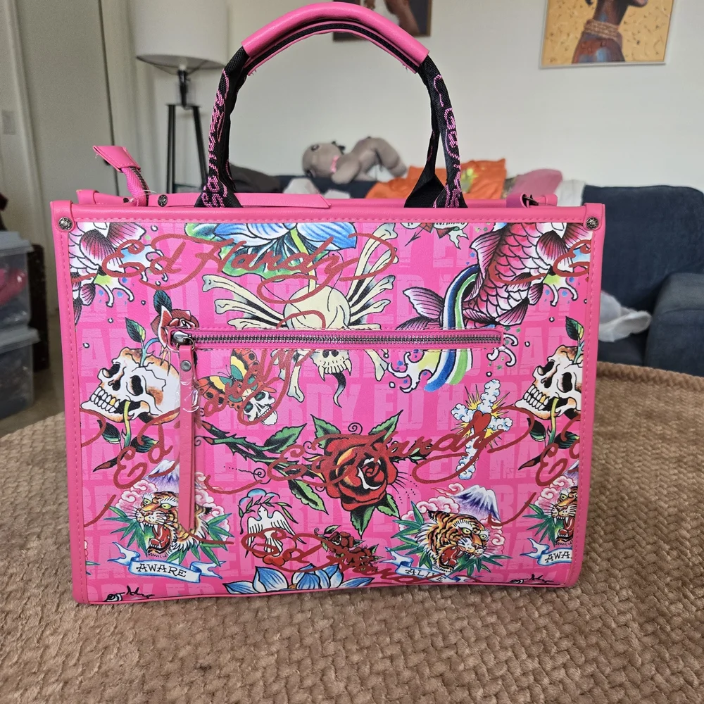 Ed Hardy Tote Bag Pink Straw Love Kills Slowly Skull NWT Strap Y2K Tattoo - Picture 4 of 15